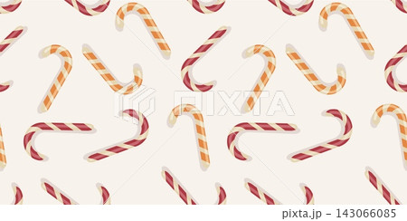 Cozy Christmas candy cane seamless pattern on beige background. Minimalist striped sweets vector texture for winter holiday packaging 143066085