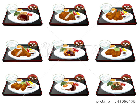 【メニュー・飲食素材】ハンバーグやとんかつなど日本の定番定食（セットメニュー）のイラスト9種類セット 143066479