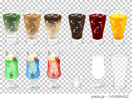 【咖啡館菜單/咖啡店素材】一套 12 張插圖，用於繪製奶油蘇打水、冰咖啡等冷飲。 143066482