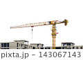 Under construction high multi-storey building with yellow black tower type construction crane isolated on transparent, white background. Blank for industry, real estate investment template 143067143