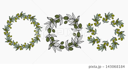 Vector set of three olive branch wreaths with leaves and fruit. Elegant circular ornament and frame for wedding invitation, logo, and menu design. 143068184