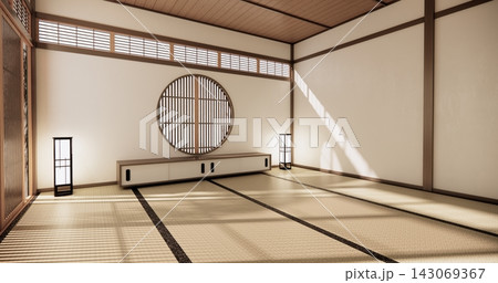 Autumn, Japanese style circular window and Japanese room with tatami mats on the floor and cabinet decor.3D rendering 143069367