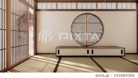 Autumn, Japanese style circular window and Japanese room with tatami mats on the floor and cabinet decor.3D rendering Autumn, Japanese style circular window and Japanese room with tatami mats on the floor and cabinet decor.3D rendering 143069368