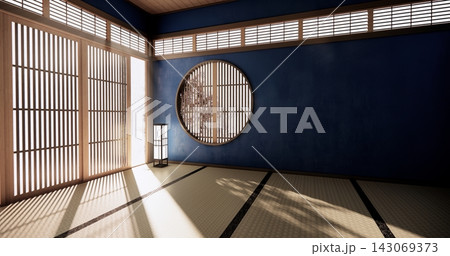 Muji room interior with dark blue color wall japanese style design.3d rendering 143069373