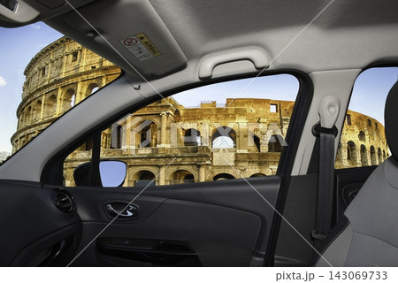 Colosseum View from Car Window in Rome, Italy 143069733
