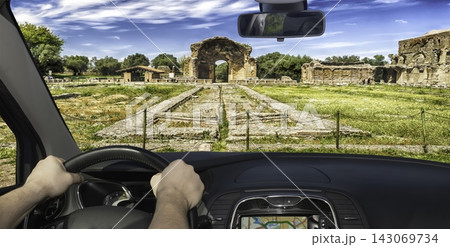 View from Car of Ancient Roman Ruins in Tivoli, Italy 143069734