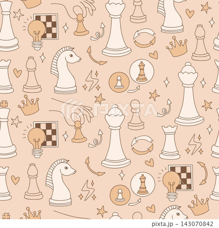 Chess Seamless Pattern Doodle. Strategy Game Pieces Hand with Pawn, Board Crown Light Bulb Arrow Symbol on Beige Background. Vector Illustration. Pastel Texture Line Hand Drawn for Fabric Packaging 143070842