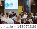 Business audience facing projected pie charts 143071389