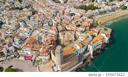 Aerial View of Church of Sant Bartomeu and Santa Tecla in Sitges Aerial View of Church of Sant Bartomeu and Santa Tecla in Sitges 143071622