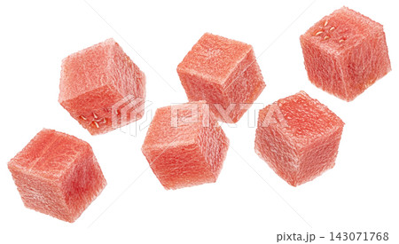 Falling watermelon cubes isolated on white background full depth of field 143071768