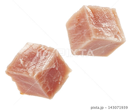 Falling smoked ham cubes isolated on white background full depth of field Falling smoked ham cubes isolated on white background full depth of field 143071939