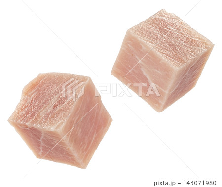 Falling smoked ham cubes isolated on white background full depth of field Falling smoked ham cubes isolated on white background full depth of field 143071980
