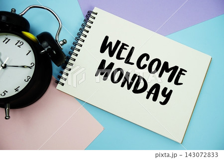 Welcome Monday text written on notepad with alarm clock flat lay on multicolor pastel background Welcome Monday text written on notepad with alarm clock flat lay on multicolor pastel background 143072833