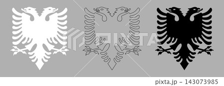 Double headed eagle black, white, black contour from Flag of Albania icon, sticker set. Albanian eagle with two heads flat layouts. Albanian flag coat of arms, sign, symbol silhouette samples. Double headed eagle black, white, black contour from Flag of Albania icon, sticker set. Albanian eagle with two heads flat layouts. Albanian flag coat of arms, sign, symbol silhouette samples. 143073985