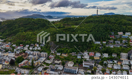 Aerial view of Fjelltun residential area surrounded by coniferous forest, Alesund Norway 143074011