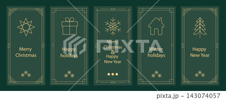 Geometric Christmas and New Year Holiday Cards Set. Christmas decorations pattern, greeting card background. Abstract ornaments, snowflakes, geometric trees and bold modern festive backgrounds 143074057