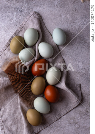 Farm blue, green and brown chicken eggs 143074179