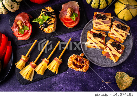 Halloween appetizers. Assortment of snack, food, party buffet 143074193