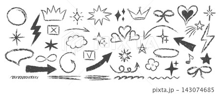 Cute crayon-style star shapes with hearts and arrows. Sketched line art elements ideal for children's artwork and scribble designs. 143074685