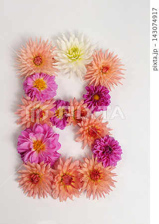 Letter B created from real, fresh dahlia flowers. Floral typography concept, floral font with colorful, vibrant flowers,A unique collection of letters and numbers for design. Creative idea for design 143074917