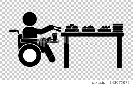 一個坐在輪椅上的人在自助餐檯上取食物的象形圖。 一個坐在輪椅上的人在自助餐檯上取食物的象形圖。 143075072
