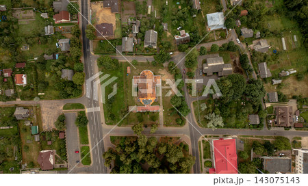 Aerial View of Settlement with Orange Roof Church Near Minsk, Belarus 143075143