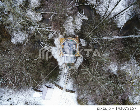 Aerial View of Circular Glass Structure in Snowy Forest Near Minsk Aerial View of Circular Glass Structure in Snowy Forest Near Minsk 143075157