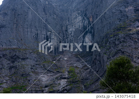 Canyon gorge with columnar basalt formations and stream, Norway Canyon gorge with columnar basalt formations and stream, Norway 143075418