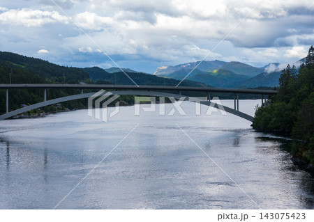 Highway bridge spanning river valley with forested mountains, Norway 143075423