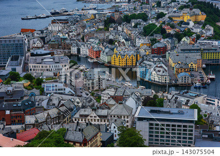 Aerial view of Alesund harbor and city center with colorful buildings, Norway Aerial view of Alesund harbor and city center with colorful buildings, Norway 143075504