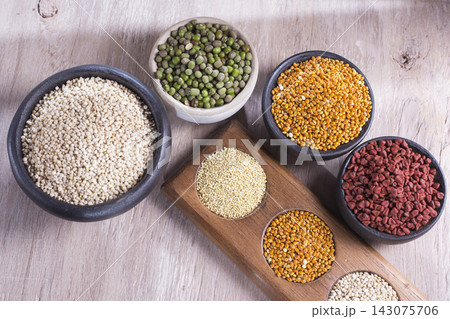 Different super foods organized as a collection on the table Different super foods organized as a collection on the table 143075706
