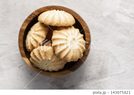 pile of delicious shortbread cookies, close up view pile of delicious shortbread cookies, close up view 143075821