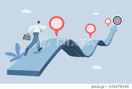 Businessman running on project timeline, Project planning to develop the timeline of business progress, Roadmap, Work duration review, Key route map with action plans. Vector design illustration.  143076540