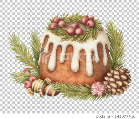 Christmas pudding watercolor illustration. Sweet dessert cake with icing is decorated with pine branch, cranberries and candy. Festive holiday bakery for menu design. Traditional winter food print. 143077416