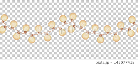 Watercolor Christmas garland with yellow round boho light bulb. Vintage string decor creates a seamless border. Great for banner and card design. Holiday decoration suits party and home decor design. Watercolor Christmas garland with yellow round boho light bulb. Vintage string decor creates a seamless border. Great for banner and card design. Holiday decoration suits party and home decor design. 143077418