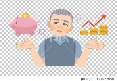 どうすれば貯蓄が増えるのかを考えている、高齢男性のイラスト どうすれば貯蓄が増えるのかを考えている、高齢男性のイラスト 143077656