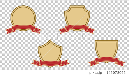 A set of four illustrations featuring a simple gold frame with a red ribbon. A set of four illustrations featuring a simple gold frame with a red ribbon. 143078063