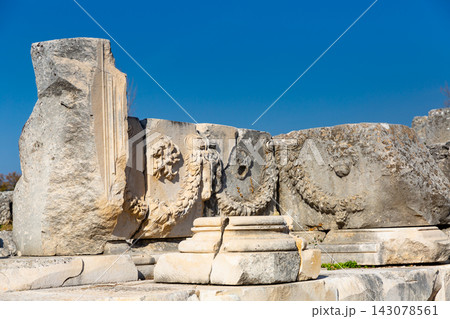 Remained sculptural details on Roman theatre ruins in Tlos, Turkey Remained sculptural details on Roman theatre ruins in Tlos, Turkey 143078561
