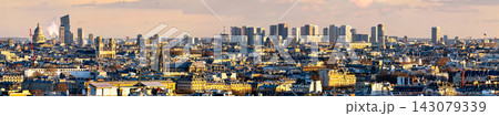 Scenic panoramic view of Paris city skyline with historic buildings and modern skyscrapers at sunset, France Scenic panoramic view of Paris city skyline with historic buildings and modern skyscrapers at sunset, France 143079339