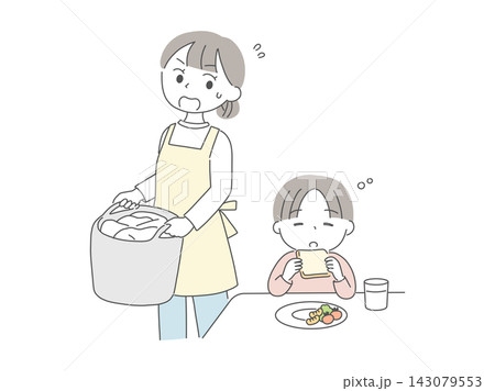 忙しく家事をするお母さんと朝食を食べる男の子のイラスト 143079553