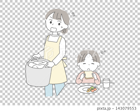 忙しく家事をするお母さんと朝食を食べる男の子のイラスト 143079553