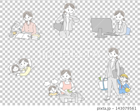 一組描繪母親們平衡育兒和工作的插圖。 143079561
