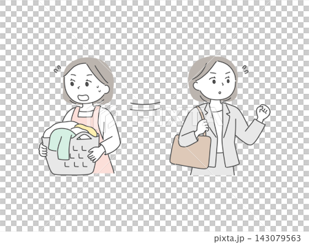 一幅描繪一位忙碌的女性兼顧工作和家務的插圖。 一幅描繪一位忙碌的女性兼顧工作和家務的插圖。 143079563