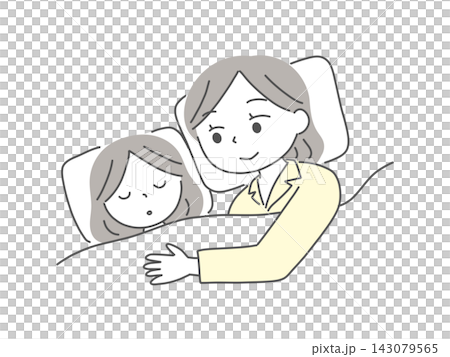 一幅描繪母親和女兒哄女嬰睡覺的插圖。 一幅描繪母親和女兒哄女嬰睡覺的插圖。 143079565
