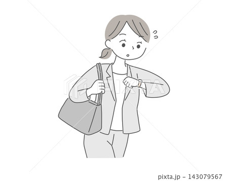 腕時計を見ながら慌ただしく出勤するワーキングママのイラスト 腕時計を見ながら慌ただしく出勤するワーキングママのイラスト 143079567