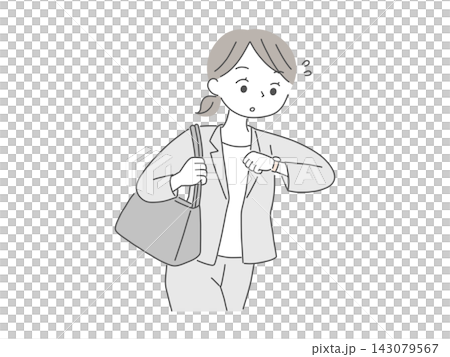 An illustration of a working mother hurrying to work while checking her watch. An illustration of a working mother hurrying to work while checking her watch. 143079567