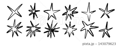 Hand drawn sparkle shape set. Black brush stroke star sketch collection. Vector abstract magic spark shine pack. Kid crayon twinkle asterisk doodle bundle for sticker, collage, poster, sticker, label Hand drawn sparkle shape set. Black brush stroke star sketch collection. Vector abstract magic spark shine pack. Kid crayon twinkle asterisk doodle bundle for sticker, collage, poster, sticker, label 143079623