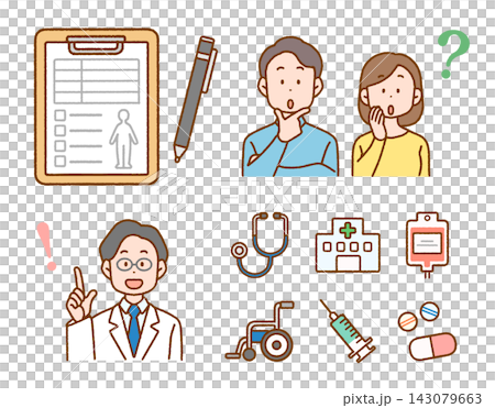 一組插圖,描繪了一對夫婦和一位醫生思考醫藥和健康問題 | 疾病與保險 一組插圖,描繪了一對夫婦和一位醫生思考醫藥和健康問題 | 疾病與保險 143079663