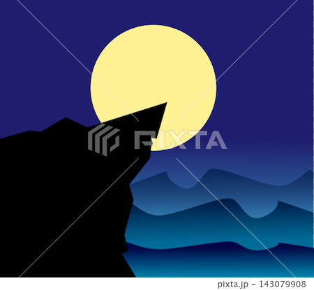 Minimalist night landscape vector illustration with full moon behind cliff silhouette and blue ocean waves Minimalist night landscape vector illustration with full moon behind cliff silhouette and blue ocean waves 143079908