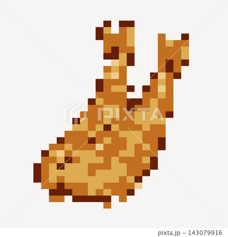 Pixel art fried shrimp tempura isolated on white background. Ebi furai retro 8-bit game item icon. Golden crispy fried shrimp pixel art illustration. Retro Japanese food asset for video games. Pixel art fried shrimp tempura isolated on white background. Ebi furai retro 8-bit game item icon. Golden crispy fried shrimp pixel art illustration. Retro Japanese food asset for video games. 143079916